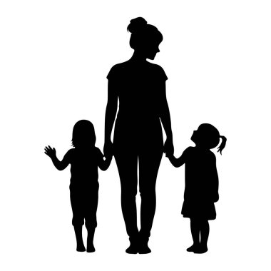 İki küçük kızı olan, ellerini tutan siyah bir kadın silueti. Kadının saçı topuz gibi ve çocuklarla yürüyor. Bir çocuğun at kuyruğu ve bir elbisesi varken, diğeri kolunu kaldırdı. Arkaplan düz beyaz.