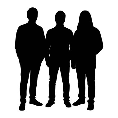 Beyaz arka planda yan yana duran üç siyah insan silueti. Şekiller yüzsüzdür ve basit ve tekdüze koyu bir renkle sunulan detaylardan yoksundur. Günlük giysiler giyiyorlar ve üzerlerinde...