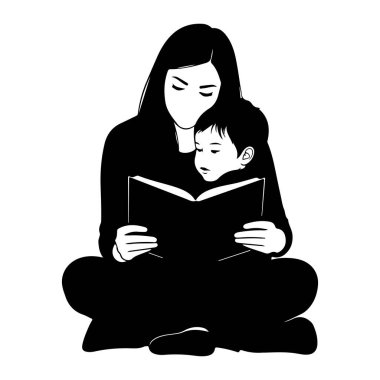 Siyah beyaz bir kadın kucağında bebekle bacak bacak bacak üstüne atmış, birlikte kitap okuyor. Kadının uzun saçları var ve basit bir kıyafet giyiyor. Çocuğun kısa saçı var ve kadına doğru eğiliyor. Arkaplan düz beyaz.