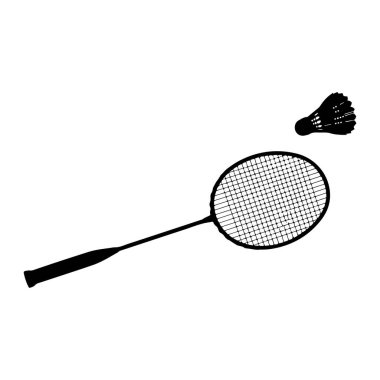 Uzun saplı ve yuvarlak başlı badminton raketinin siyah silueti çerçevenin sol alt tarafında bir açıyla konumlandırılmıştır. Bir mekik horozu yukarıda ve raketin sağında havada tasvir edilir. Arka plan...