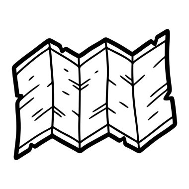 Katlanmış bir haritanın basit bir siyah beyaz karikatürü. Harita, beyaz arkaplan üzerinde koyu siyah çizgilerle biçimlendirilmiş, elle çizilmiş bir şekilde tasvir edilmiştir. Üç bölüme ayrılmış gibi görünüyor. Kırışıklık çizgileri ve buruşukluğu gösteren kabataslak bir ana hatla.