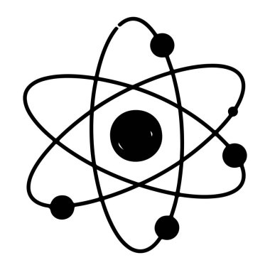Basit bir siyah beyaz atom sembolü, kıvrımlı çizgiler ve küçük kürelerle çevrili büyük bir merkezi küre, düz beyaz bir arkaplan üzerine kurulur. atom, atom, sembol. kıvrımlı çizgi ve küreleri olan siyah ve beyaz atom sembolü.