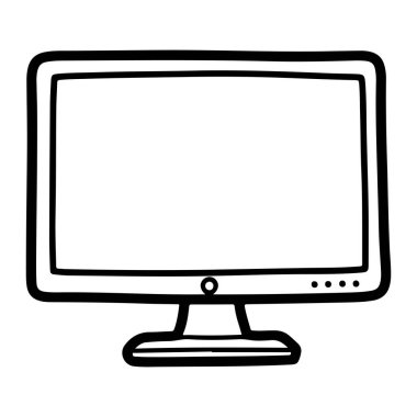 Boş ekranlı basit siyah beyaz bir bilgisayar monitörü. Monitörün kalın siyah bir çizgisi ve küçük bir standı var. Alt merkezde bir dairesel ve sağ altta üç küçük nokta var. Arkaplan düz beyaz.