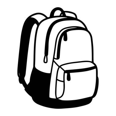 Üzerinde sapı ve önünde iki fermuarı olan siyah beyaz bir sırt çantası. Sırt çantasının bir ana bölmesi ve daha küçük bir ön cebi var. Kayışlar arkada görünüyor. Saf siyah çizgilerle minimalist bir çizgide yapılır.