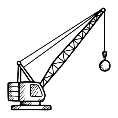 Kolunda yıkım güllesi sallanan bir vinç çizgisi. Vinç, kalın çizgiler ve en az gölgelendirme ile temel, illüstrasyon tarzında tasvir edilir. Yıkım topu, kablonun ucuna bağlı olan bir kablodan asılmış olarak gösterilir.
