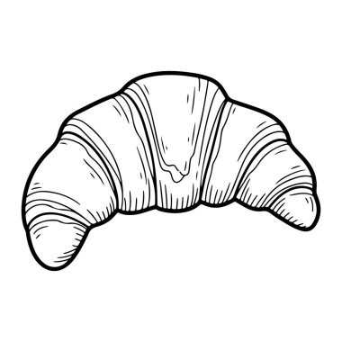 Bir kruvasanın basit siyah ve beyaz tabakaları ve kıvrımlı şekliyle sergilenen. Kalın çizgiler ve gölgeleme, dokulu bir görünüm yaratıyor. Kruvasan, daha fazla detay ya da detay içermeyen düz beyaz bir arkaplan üzerine kuruludur.