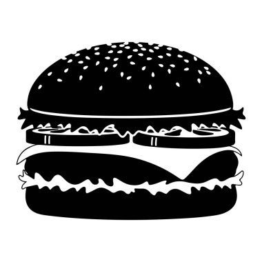 Susamlı çörek, marul ve bir dilim peynirli basit bir siyah beyaz hamburger. Katı beyaz bir arka plan ve kalın, düz bir hamburger düz ve tanınabilir bir şekilde tasvir edilir.