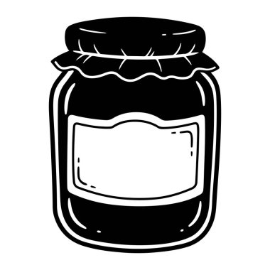 Etiketli siyah beyaz bir kavanoz. Kavanozun yuvarlak bir gövdesi ve düz bir kapağı var. Etiket boş ve yuvarlak köşeli dikdörtgen. Çizgi film tarzında, kalın çizgiler ve en az gölgelendirme ile yapılır. Arkaplan düz beyaz.