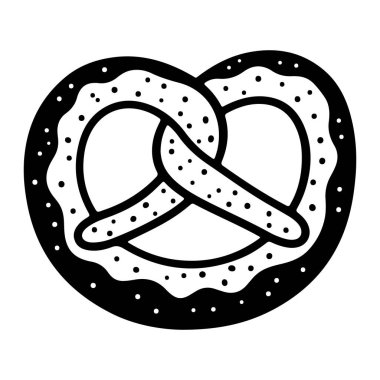 Siyah beyaz simit ve tuz kaplı kalın bir kabuk. Çubuk krakerin belirgin kıvrımlı şekli kalın bir kenarı ve yüzeyinde tuzu temsil eden küçük noktaları vardır. Basit ve kalın çizgileri ve düz beyaz arkaplanı var..