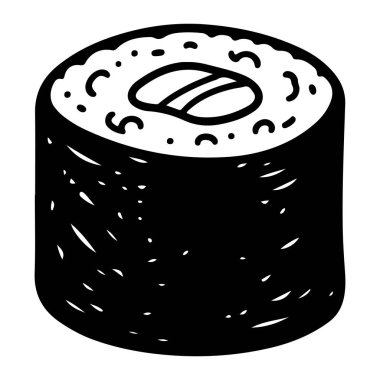 Siyah beyaz suşi rulosu, görünür dolgu malzemesi, yosunlara sarılmış ve pirinçle kaplanmış. Basit ve minimalist, kalın çizgiler ve düz renkler. Suşi rulosu düz beyaz bir arkaplan üzerine kuruludur, ek ayrıntı ya da yardımcı yoktur.