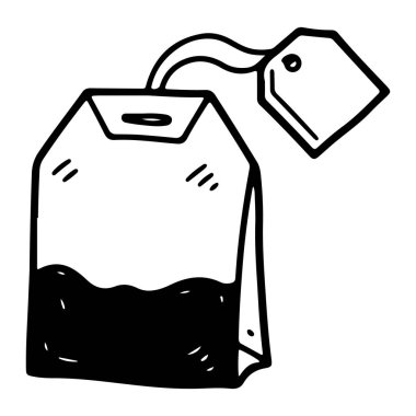 Üzerinde iple etiketi olan bir çay poşetinin sade siyah ve beyaz hali. Çay poşeti altta dalgalı bir çizgi ile tasvir edilir, içinde sıvı olduğunu gösterir. Etiket elmas şeklinde ve üzerinde küçük bir delik var. Çizgi film tarzında, cesur bir şekilde yapılıyor.