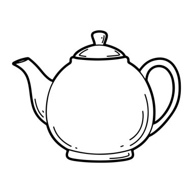 Kapağı ve sapı olan bir çaydanlığın basit siyah beyaz çizgisi. Çaydanlığın yuvarlak bir gövdesi ve kısa bir oluğu var. Kalın çizgileri, gölgesi ve rengi olmayan bir minimalist. Çaydanlık, çaydanlık, çaydanlık. Siyah ve beyaz çaydanlık kapaklı ve çay çubuğuyla.