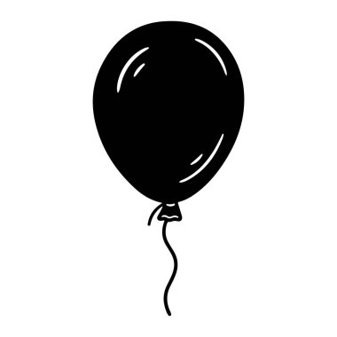 Düz beyaz bir zemine bağlı siyah bir balon. Balon parlak ve yansıtıcı görünüyor, ince çizgiler pürüzsüz bir yüzeyi işaret ediyor. İp uzun ve ince, düğümden aşağı sarkıyor.