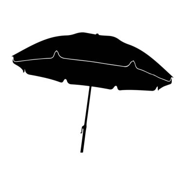 Beyaz süslemeli siyah bir plaj şemsiyesi beyaz arka planda basit bir siluette gösterilir. Şemsiyenin düz bir direği ve dalgalı kenarlı kıvrımlı bir tepe örtüsü vardır. Ek ayrıntı ya da bağlam içermeyen a.