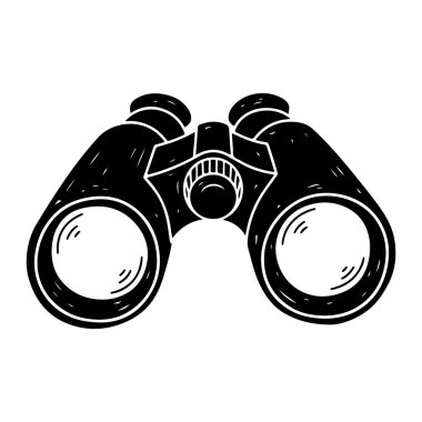 Beyaz çizgili ve arka planı olan siyah-beyaz bir dürbün. Dürbün, kalın çizgiler ve gölgelerle basit bir şekilde tasvir edilir. Daha fazla ayrıntı ya da içerik olmadan dürbünün merkezi odak noktası.