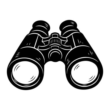 Beyaz arka planı olan siyah beyaz bir dürbün. Dürbün, kalın çizgiler ve gölgelerle basit bir şekilde tasvir edilir. İki göz kapağı ve ortada ayarlanabilir bir köprü olan bir dürbün. Dürbün merkezde.