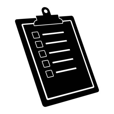 Beyaz arka planda kontrol listesi olan siyah bir pano. Panoda bir klip ve kağıdın etrafında beyaz bir taslak var. Kağıdın her satırın solunda işaretli kutular olan beş satırı var. Kutular boş..