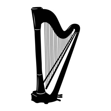 Beyaz arka planda beyaz röfleli siyah bir arp silueti. Arp, basit ve simgesel bir şekilde tasvir edilmiştir. Temiz çizgiler ve en az ayrıntıyla. Siluet harpın kendine özgü şekli, dikey boynu, yatay