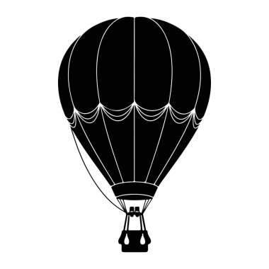 Beyaz zemin üzerinde beyaz çizgiler olan siyah bir sıcak hava balonu. Balonun altında bir sepet var ve basit, kalın çizgiler ve en az ayrıntıyla tasvir ediliyor. Sıcak hava balonu, siyah, beyaz çizgiler. Beyaz çizgileri olan siyah sıcak hava balonu