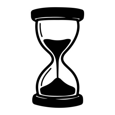 Ampulden alta doğru akan kumlu siyah bir kum saati beyaz bir arkaplan üzerine kuruludur. Kum saatinin koyu siyah çizgileri ve gölgesi olan basit bir minimalisti var. Ampulün yarısı kumla doluyken, alt ampulün yarısı boş..