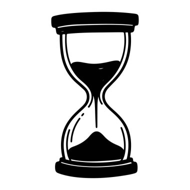 Siyah kumlu siyah ve beyaz bir kum saati. Kum saatinin siyah bir tabanı ve berrak cam bir gövdesi var. Kum, ampulden alt ampule doğru akıyor. Arka plan bembeyaz. Kum saati, kum saati, siyah. San ile siyah kum saati.