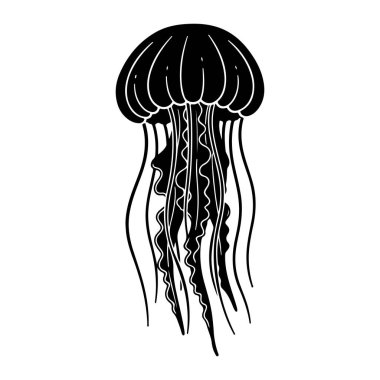 Beyaz bir zemin üzerinde beyaz çizgisi olan basit bir siyah denizanası. Denizanasının yuvarlak bir çan şeklinde vücudu ve dalgalı dokunaçları vardır. Temiz çizgiler ve en az detayla cesur bir şekilde yapılır..