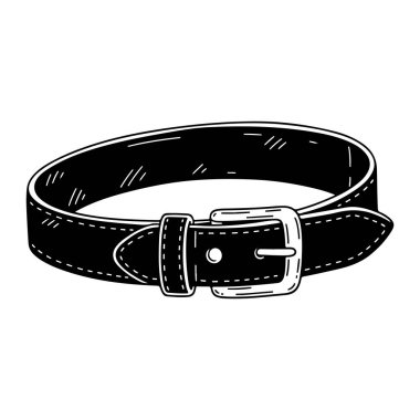 Beyaz arka planda gümüş tokalı ve beyaz dikişli siyah deri bir kemer gösteriliyor. Kemer öndeki tokayla yerleştirilmiş ve kemer arkasında kıvrılıyor. Kemerin basit bir dikdörtgen tokası ve küçük bir tokası var.