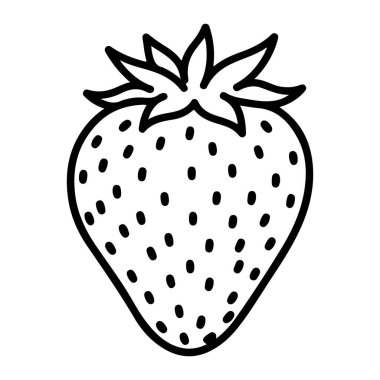 Beyaz arka planda basit bir çilek çizgisi. Çileğin kendine özgü bir yaprağı ve yüzeyinde küçük siyah noktalarla temsil edilen sayısız tohumu vardır. Minimalist ve şık..