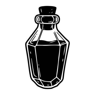İçinde koyu bir sıvı bulunan siyah beyaz bir cam şişe ve durdurucu. Şişenin bir şekli var ve kalın çizgileri ve gölgesi olan karikatürvari bir şekilde çizilmiş. Durdurucu simsiyah ve arka plan da bembeyaz..