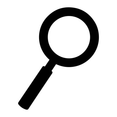 Beyaz arka planda basit bir siyah büyüteç. Büyüteç kalın siyah bir sapa ve kalın siyah kenarlı dairesel bir merceğe sahiptir. Düz, iki boyutlu, gölgelendirmesi ya da dokusu olmayan..