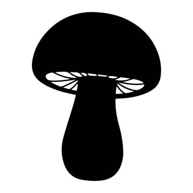 Yuvarlak bir kapağı ve kalın bir sapı olan siyah bir mantar silueti. Şapkanın altındaki solungaçlar beyaz ve belirgin bir şekil. Arkaplanı düz beyaz, siyah mantara temiz bir kontrastlık sağlıyor..