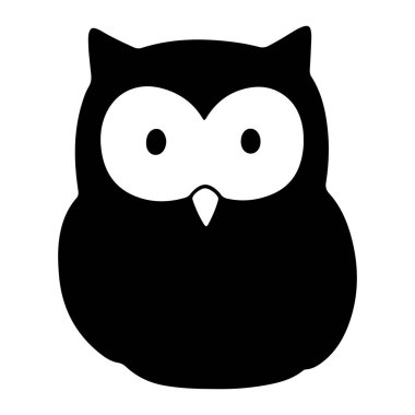 Büyük beyaz gözlü, küçük beyaz gagalı, düz beyaz arkaplana kurulmuş basit siyah bir baykuş silueti. Baykuşun vücudu kafasında iki küçük kulakla yuvarlaktır. Gözleri büyük ve küçük siyah gözbebekleri olan daireseldir. Genel olarak.