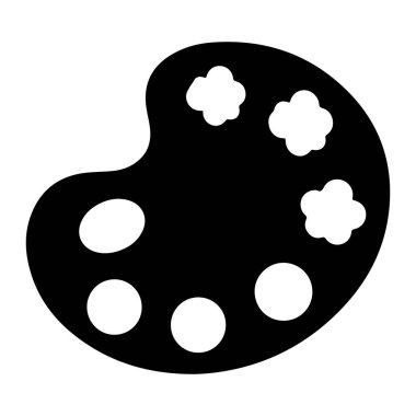 Beş yuvarlak beyaz kuyusu ve düz beyaz arka planda çiçek şeklinde üç beyaz kuyusu olan basit bir siyah boya paleti. Palet, temiz çizgiler ve temel şekillerle minimalist bir şekilde tasvir edilir. Bir ressamın temel paletine odaklanır.