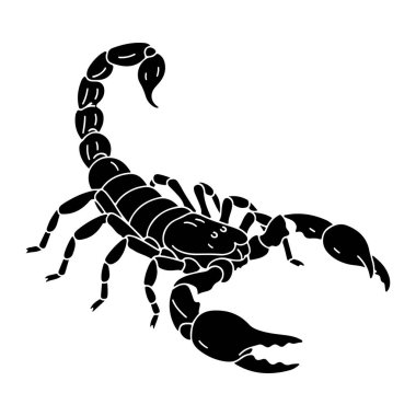 Beyaz çizgili siyah bir akrep silueti, sağa ve hafifçe izleyiciye bakıyor. Akrebin ucunda iğnesi, büyük pençeleri ve sekiz bacağı olan kıvrımlı bir kuyruğu vardır. Arka plan bembeyaz..