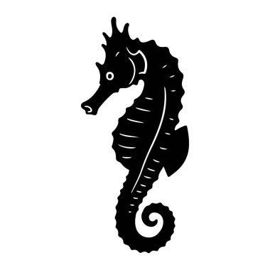 Beyaz arkaplanda beyaz detaylar olan siyah bir deniz atı silueti. Kıvrık kuyruklu ve görünür yüzgeçli denizatı yüzleri kaldı. Basit, kalın çizgileri olan ve en az gölgelenen bir tarz. Deniz atı, siyah siluet, beyaz detaylar. siyah deniz atı.