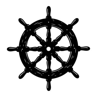 Sekiz telli siyah bir gemi tekerleği düz beyaz bir zemine odaklıdır. Tekerleğin sekiz çıkıntılı dairesel çerçevesi var ve her biri bir sapla bitiyor. Basit, kalın ve daha fazla detay içermeyen bir yapıdır..