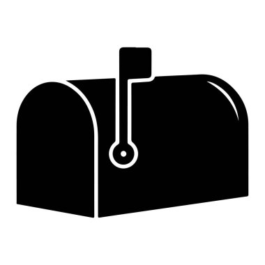 Kapalı bir posta kutusunun siyah silueti, bayrağı göndere çekilmiş, düz beyaz bir arka plan üzerine kurulmuş. Posta kutusu basit, simgesel bir şekilde tasvir edilir. Temiz çizgiler ve bir minimalist ile. Bayrak kaldırılır..