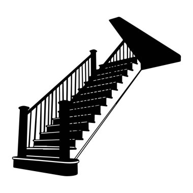 Beyaz arka planda parmaklıkları olan siyah bir merdiven silueti. Merdivenin birden fazla basamağı ve her iki tarafında balyaların olduğu bir korkuluk var. Siluet basit bir merdiven tasviri..