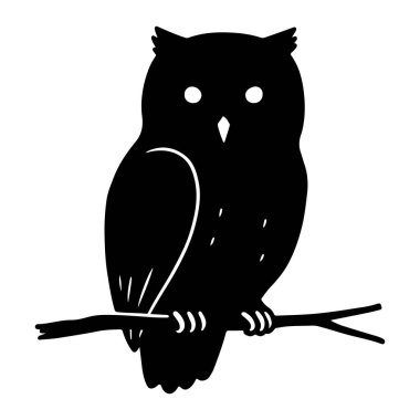 Bir dalın üzerine tünemiş siyah bir baykuş silueti, düz beyaz bir arkaplan üzerine kurulmuş. Baykuş, gözler, gagalar ve pençeler için beyaz aksanlı basit bir şekilde tasvir edilir. Baykuş yüzü öne dönük, vücudu ve kanatları simsiyah..