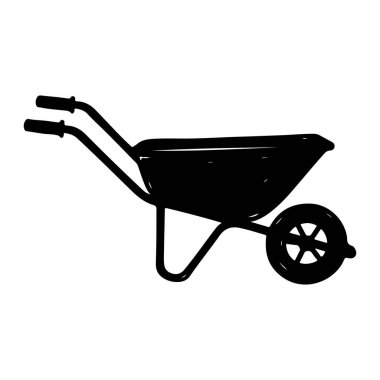 Tek tekerli ve iki saplı siyah bir el arabası silueti, sağlam beyaz bir arka plana ayarlanmış. El arabasının önünde tek tekerleği, arkasında da iki kolu olan basit bir tekeri var. Siluet simsiyah, ek deta yok.
