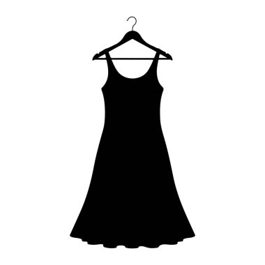 Siyah kolsuz bir elbise siyah bir askıdan beyaz bir arka plana sarkıyor. Elbise, kepçe yakalı ve parlak etekli basit bir siluet. Askıda bir kanca var. Düz beyaz arka planda koyu bir siyah..