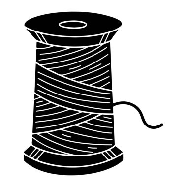 Beyaz çizgileri olan siyah bir iplik makarası düz beyaz bir arkaplan üzerine kuruludur. Makaranın ortasında delik olan dairesel bir tabanı var. İplik, makaranın etrafına çapraz bir şekilde sarılmış. Kısa bir iplik uzunluğu uzatır