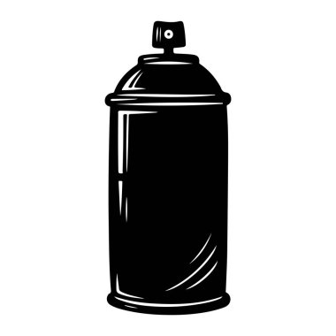 Sprey boya kutusunun siyah ve beyaz rengi. Teneke kutu yuvarlak ve küçük bir enjektörle silindirik. Katı siyah bir cisim ve beyaz röfleler gölgelemeyi ve dokuyu gösteriyor. Arkaplan düz beyaz.