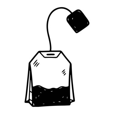 İpli ve etiketli bir çay poşetinin sade siyah beyaz resmi. Çay poşeti siyah çayla dolu ve dokuyu gösteren birkaç çizgisi var. İp eğridir ve küçük bir kare etikete bağlıdır. Arkaplan düz beyaz.