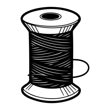 Siyah beyaz bir iplik makarası. Makaranın beyaz bir tabanı ve siyah ipliğe sarılı siyah bir vücudu var. Makaranın sağ tarafında küçük bir kol görünür. Arkaplanı düz beyaz..