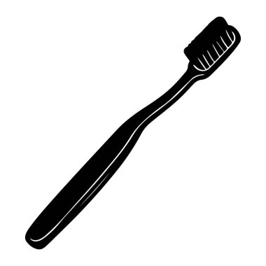 Sade beyaz arka plan üzerinde beyaz röfleli ve kıllı basit bir siyah diş fırçası gösterilir. Diş fırçası çapraz yönelimde tasvir edilir ve kafası kılların sağ üst köşesini gösterir.