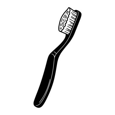 Dişfırçasının siyah saplı ve beyaz tüylü, sade beyaz arkaplan üzerine kurulmuş basit siyah beyaz bir diş fırçası. Diş fırçası basit bir şekilde tasvir edilir. En az detay ile, bu da diş hijyeni olarak kolayca tanınmasını sağlar.