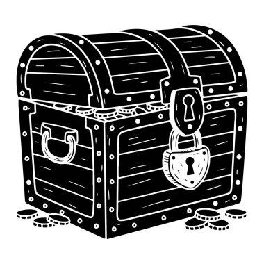 Önünde perçin ve büyük bir asma kilit bulunan kıvrımlı metal bantlı bir hazine sandığı. Sandığın yan tarafında bir sapı var ve etrafa saçılmış paralarla çevrili. Kalın çizgiler ve gölgeler, stil kazandırıyor ve ben...