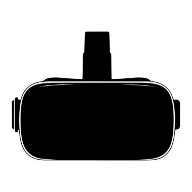Beyaz bir arka plana karşı sanal gerçekliğin siyah bir silueti. Kulaklığın yuvarlak kenarları ve çıkıntılı dikdörtgen bir şekli var. Her iki tarafında da iki küçük dikdörtgen parçası var.