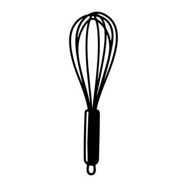 Bir çırpıcının saplı basit siyah çizgisi. Çırpma kabuğunun altında küçük bir halka ve birden fazla ince kablodan yapılmış ampul gibi bir kafası olan uzun, ince bir sapı vardır. Arka plan düz beyaz. Çalı çırpı, mutfak aleti, yemek pişirme. Siyah çırpmalı, saplı.